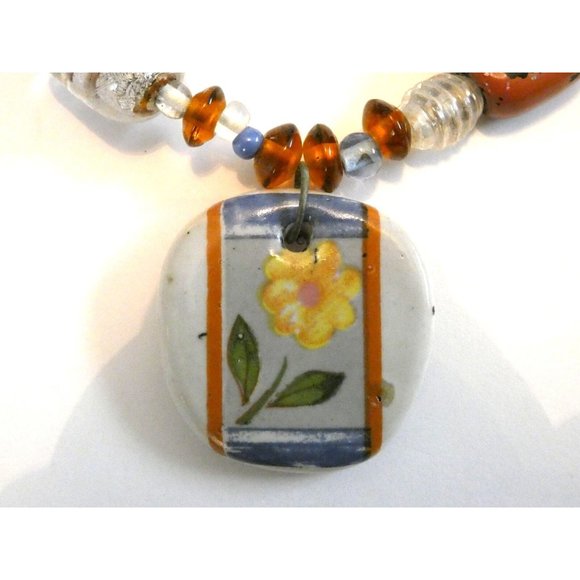 Vintage Art Glass Beaded Necklace with Pottery Flower Pendant - Picture 3 of 12